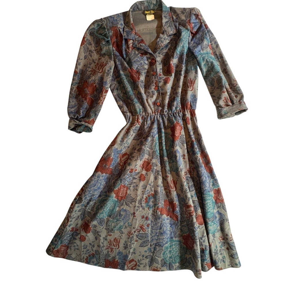 Stuart Alan Floral Midi Dress Womens 10 Vintage 80s Elastic Waist Made in USA